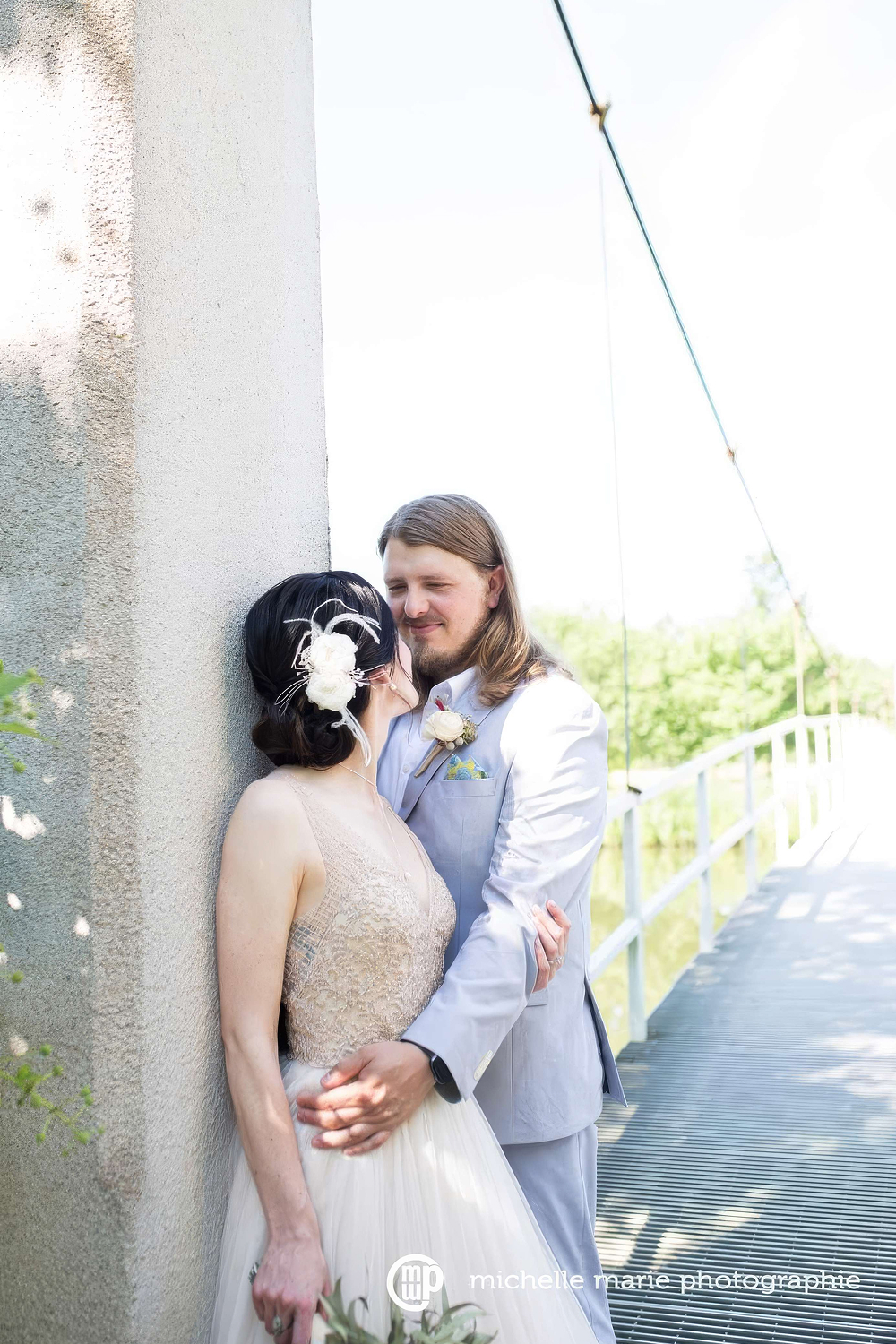 Bride and groom looking at each other
